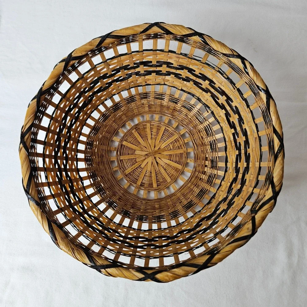 Vintage Round Woven Bamboo Basket Bowl Natural Black Striped Boho Decor 9.5in